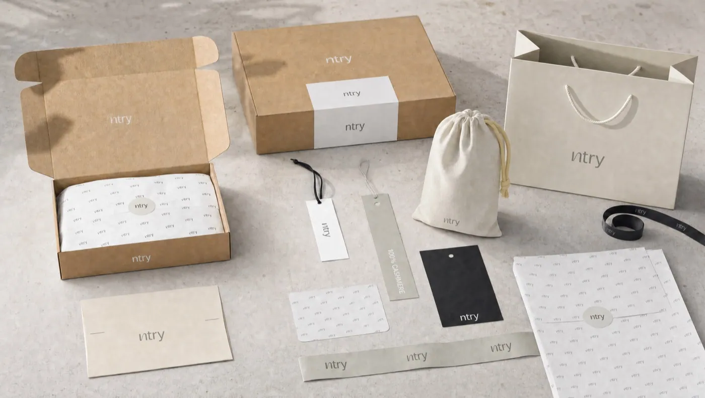 A branded packaging set: box, insert card and tissue